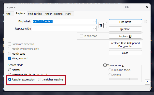 The Notepad++ Find and replace showing our RegEX
